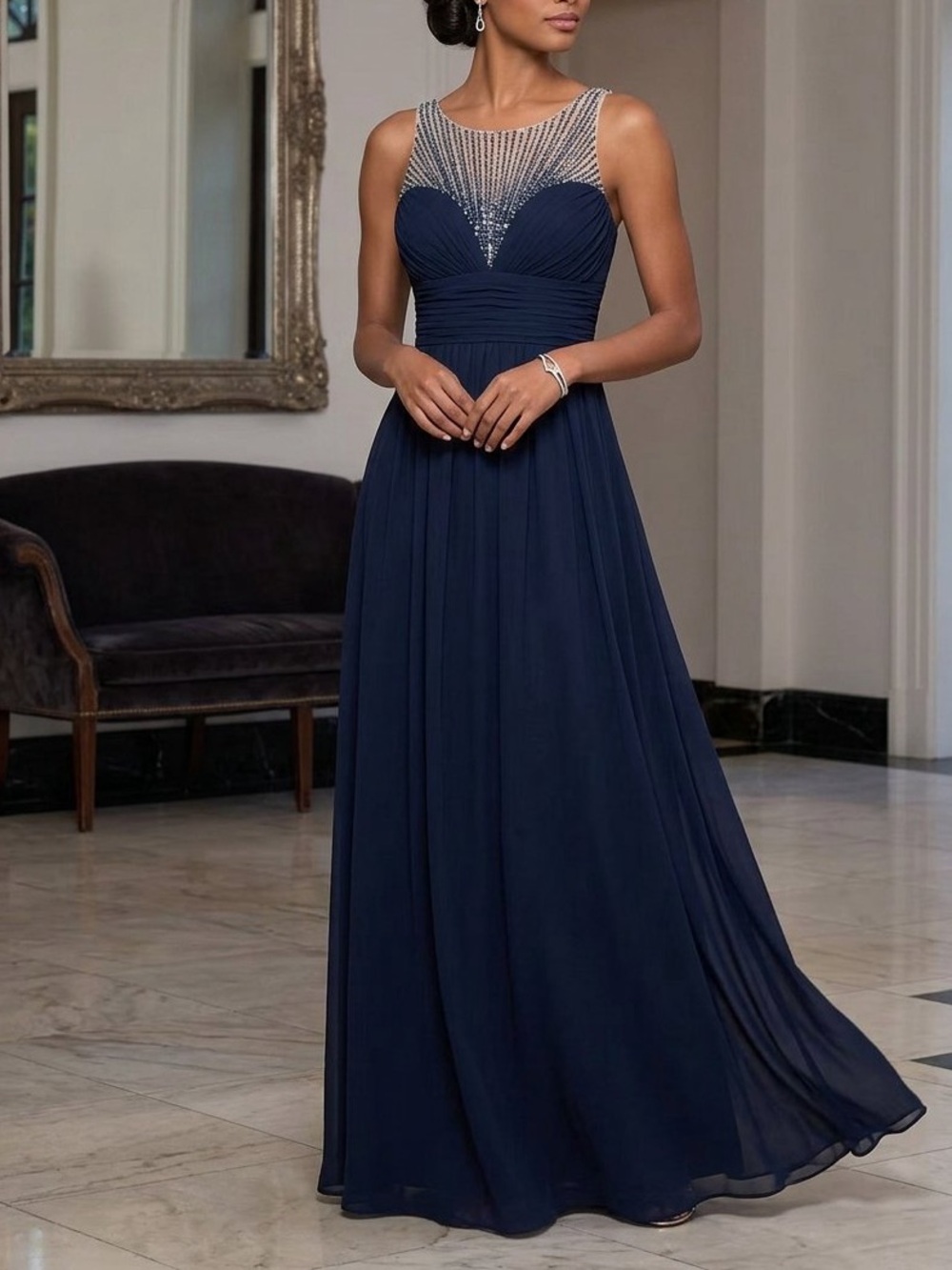 Cachet Navy Blue Maxi Dress with Beaded Illusion Yoke